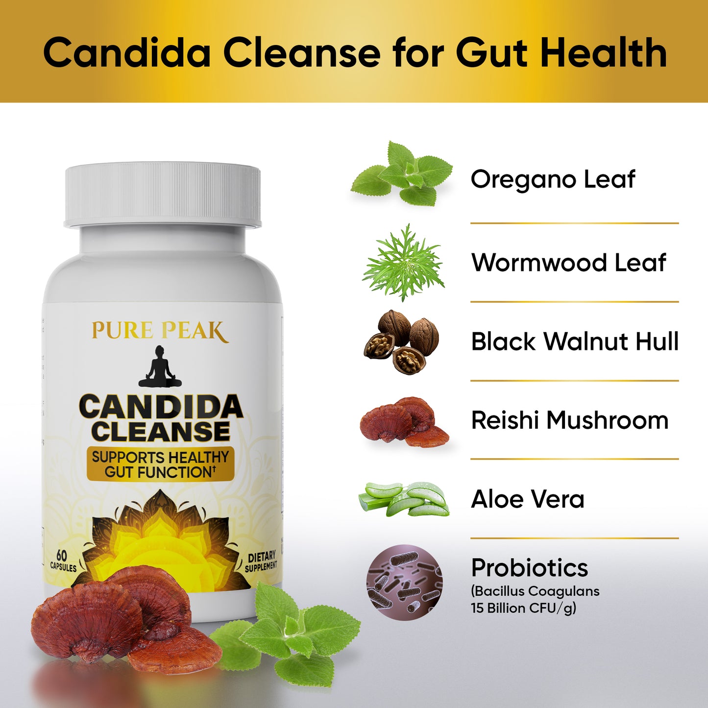 Pure Peak Candida Cleanse Gut and Colon Support Intestinal Detox Men and Women Eliminate Yeast Overgrowth